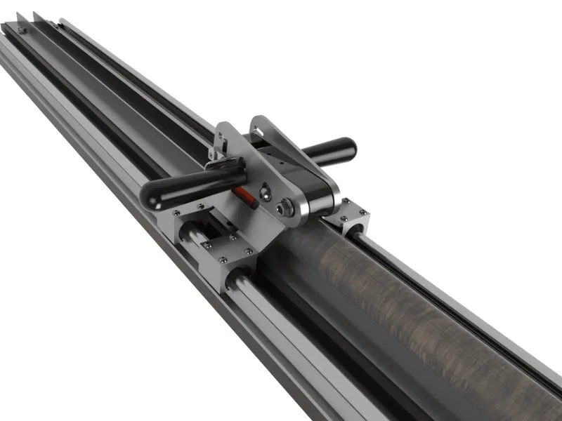 Rail-mounted cutting tool for slicing plastic soil core liners